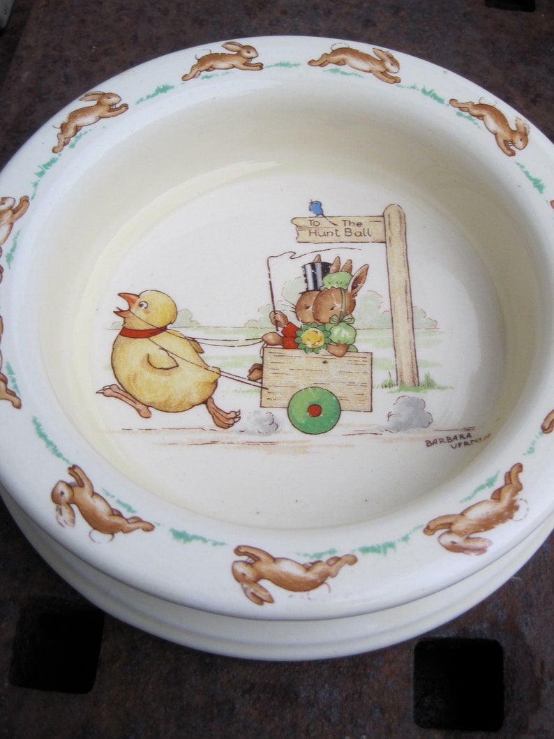 Vintage Bunnykins RARE Ceramic Child/'s Bowl To The Hunt Ball Made in England Royal Doulton China signed by Barbara Vernon 1950s