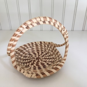 Vintage Hand Woven Natural Coiled Basket with Handle Home Decor