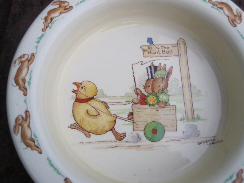 Vintage Bunnykins RARE Ceramic Child/'s Bowl To The Hunt Ball Made in England Royal Doulton China signed by Barbara Vernon 1950s