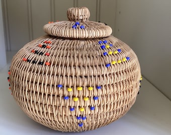 Vintage Hand Woven Natural Coiled Basket with Beads