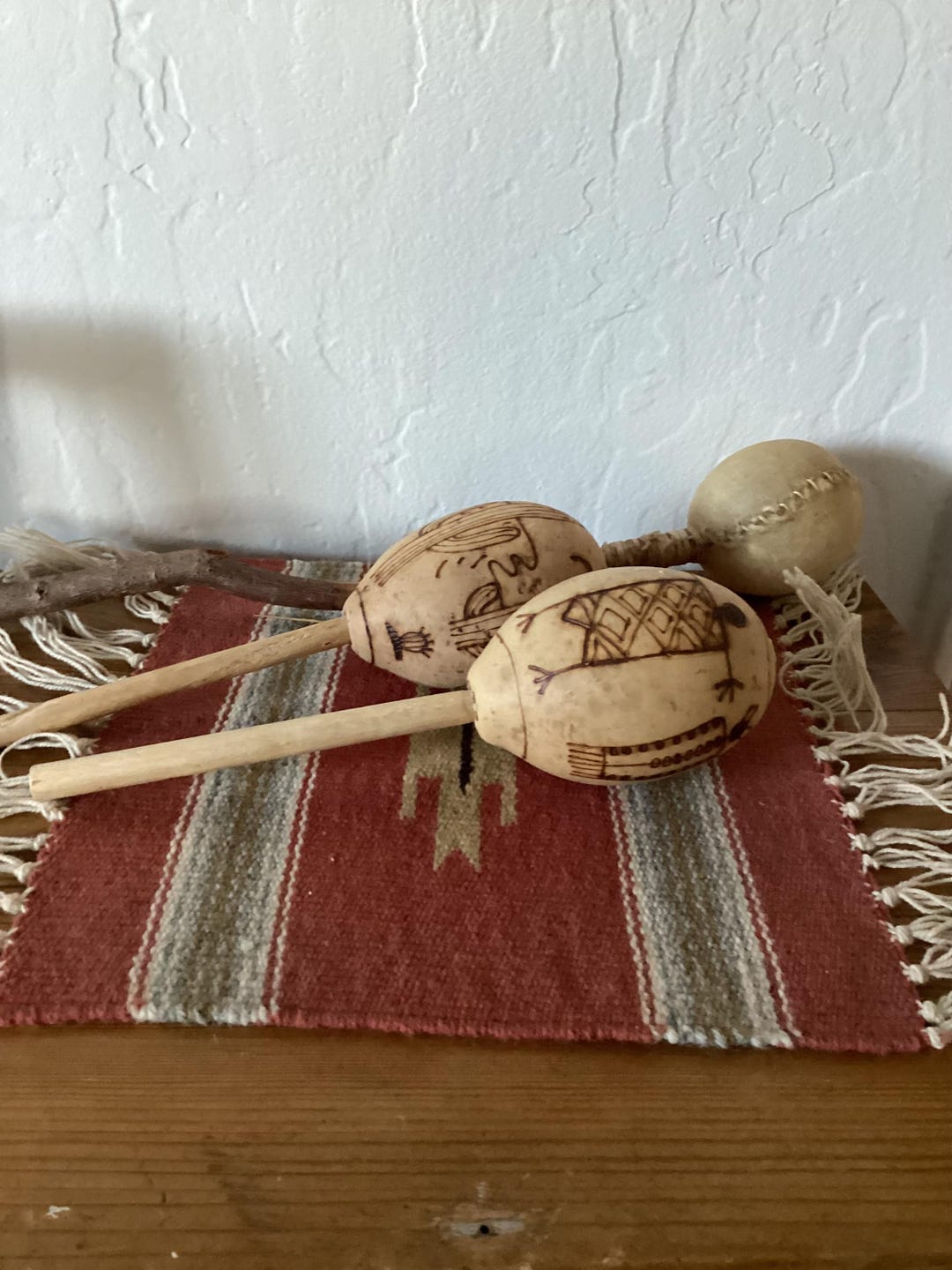 Aztec Leg Rattles Vintage Hand Carved GOURD RATTLES Set of 3 Aztec Designs Saguaro Cactus ...