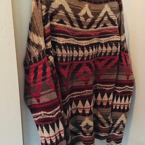 RALPH LAUREN Denim Supply Vintage Brown Rose and Tan Native American Indian Blanket Cotton Pullover Sweater Size Large