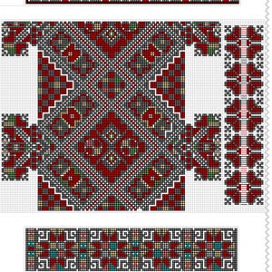 May include: Detailed illustration of Romanian folk embroidery patterns. The design features geometric and floral motifs in red, black, white, and green. The text "Şicula/ Valea Crişului Alb/ 1935" is at the top, with labels like "guler" and "umerite".