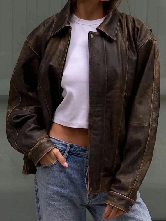 ヴィンテージブラウンレザーバイカージャケット：90年代のオーバー