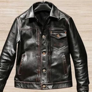 Cadeau surprise gratuit avec achat, Nom du style Veste en cuir noir en cuir de cheval japonais, Veste en cuir de mouton, Gif.