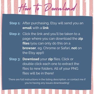 Puede incluir: Una gu&iacute;a de descarga digital con instrucciones sobre c&oacute;mo descargar archivos despu&eacute;s de la compra. El texto est&aacute; sobre un fondo azul con un borde a rayas rosa y blanco. La gu&iacute;a incluye los pasos para descargar archivos zip.