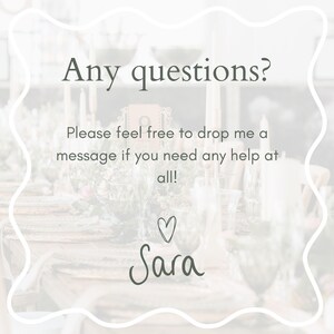 Pu&ograve; includere: Uno sfondo bianco con un bordo grigio e testo che dice "Any questions? Please feel free to drop me a message if you need any help at all!" con un cuore e il nome "Sara" sotto il testo.