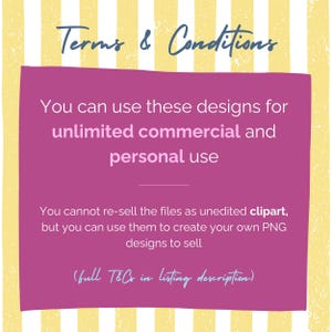 Puede incluir: Gr&aacute;fico de arte digital con el texto "Terms & Conditions" en escritura azul. Un rect&aacute;ngulo magenta contiene texto que indica que los dise&ntilde;os se pueden utilizar para uso comercial y personal ilimitado. Tambi&eacute;n establece que los archivos no se pueden revender como clipart.