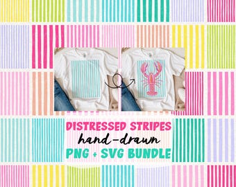 Preppy Summer Distressed Stripes PNG SVG Clipart Bundle, Trendy Beach Vibes, Retro Coastal Tropical Handdrawn T-Shirt Sublimation Graphic