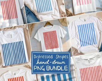 Paquete de imágenes prediseñadas PNG de rayas rojas y azules desgastadas, gráficos patrióticos vintage retro dibujados a mano para sublimación de camisetas, verano americano de EE. UU.