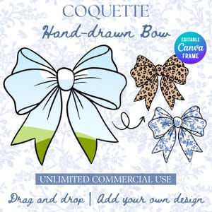 May include: Digital illustration of three hand-drawn bows. One is light blue, one has a leopard print, and the other has a blue floral pattern. The image includes the text "COQUETTE Hand-drawn Bow" and "UNLIMITED COMMERCIAL USE".