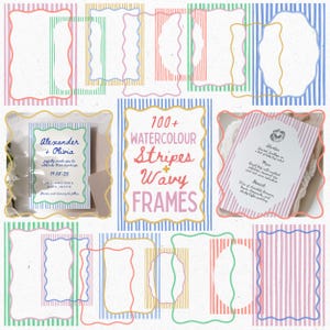 Pacchetto PNG con strisce acquerellate e bordi ondulati, cornici per inviti disegnate a mano, clipart per inviti estivi stravaganti, bordi colorati per tele a tema costiero