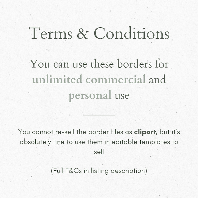 K&ouml;nnte beinhalten: Text auf wei&szlig;em Hintergrund, der "Terms & Conditions" lautet. Der Text setzt sich fort: "Sie k&ouml;nnen diese Rahmen f&uuml;r unbegrenzten kommerziellen und pers&ouml;nlichen Gebrauch verwenden. Sie d&uuml;rfen die Rahmendateien nicht als Cliparts weiterverkaufen, aber es ist absolut in Ordnung, sie in bearbeitbaren Vorlagen zu verwenden, um sie zu verkaufen. (Vollst&auml;ndige AGB in der Listungsbeschreibung)"