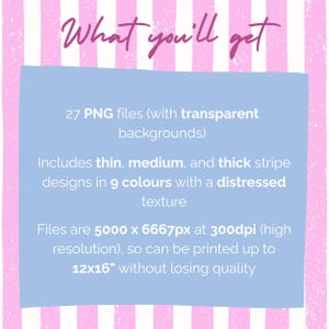 Puede incluir: Gr&aacute;fico digital con el texto "What you'll get". La imagen enumera 27 archivos PNG con fondos transparentes, dise&ntilde;os de rayas en 9 colores y una textura desgastada. Los archivos se pueden imprimir hasta 30x41cm.