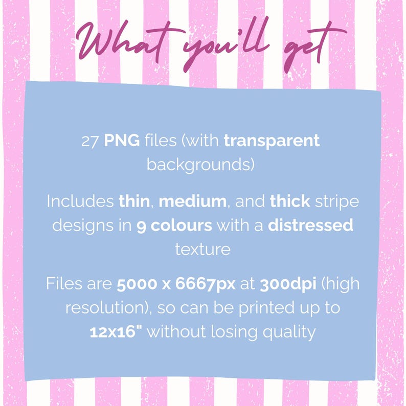 Puede incluir: Gr&aacute;fico digital con el texto "What you'll get". La imagen enumera 27 archivos PNG con fondos transparentes, dise&ntilde;os de rayas en 9 colores y una textura desgastada. Los archivos se pueden imprimir hasta 30x41cm.