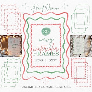 May include: A collection of 30 hand-drawn, wavy watercolor frames in red and green, with a PNG file size of 5x7 inches. The image includes examples of the frames used for invitations and menus. The text reads "Hand Drawn" and "Unlimited Commercial Use."