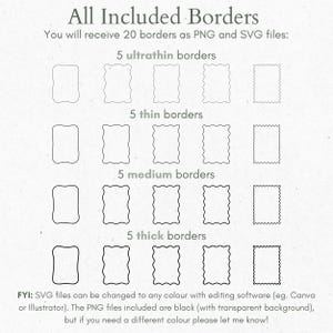 Pu&ograve; includere: Un set di 20 bordi in bianco e nero di diversi spessori, tra cui ultra sottili, sottili, medi e spessi. I bordi sono mostrati in un formato a griglia con il testo "All Included Borders" e "You will receive 20 borders as PNG and SVG files:" in alto.