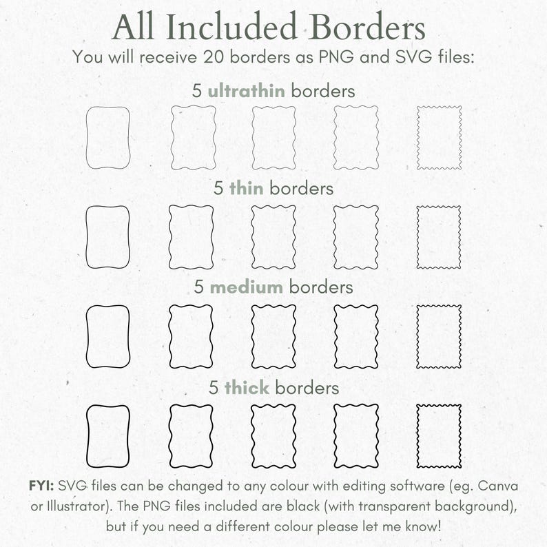 Pu&ograve; includere: Un set di 20 bordi in bianco e nero di diversi spessori, tra cui ultra sottili, sottili, medi e spessi. I bordi sono mostrati in un formato a griglia con il testo "All Included Borders" e "You will receive 20 borders as PNG and SVG files:" in alto.