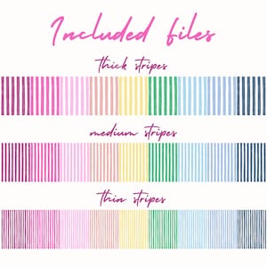 Puede incluir: Archivos de dise&ntilde;o digital con rayas verticales de colores en varios grosores. La imagen incluye el texto "Included files" en escritura rosa, seguido de "thick stripes", "medium stripes" y "thin stripes", cada uno con variaciones de color a rayas.