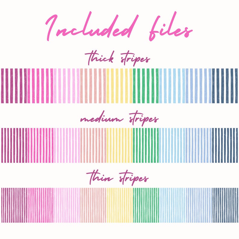 Puede incluir: Archivos de dise&ntilde;o digital con rayas verticales de colores en varios grosores. La imagen incluye el texto "Included files" en escritura rosa, seguido de "thick stripes", "medium stripes" y "thin stripes", cada uno con variaciones de color a rayas.