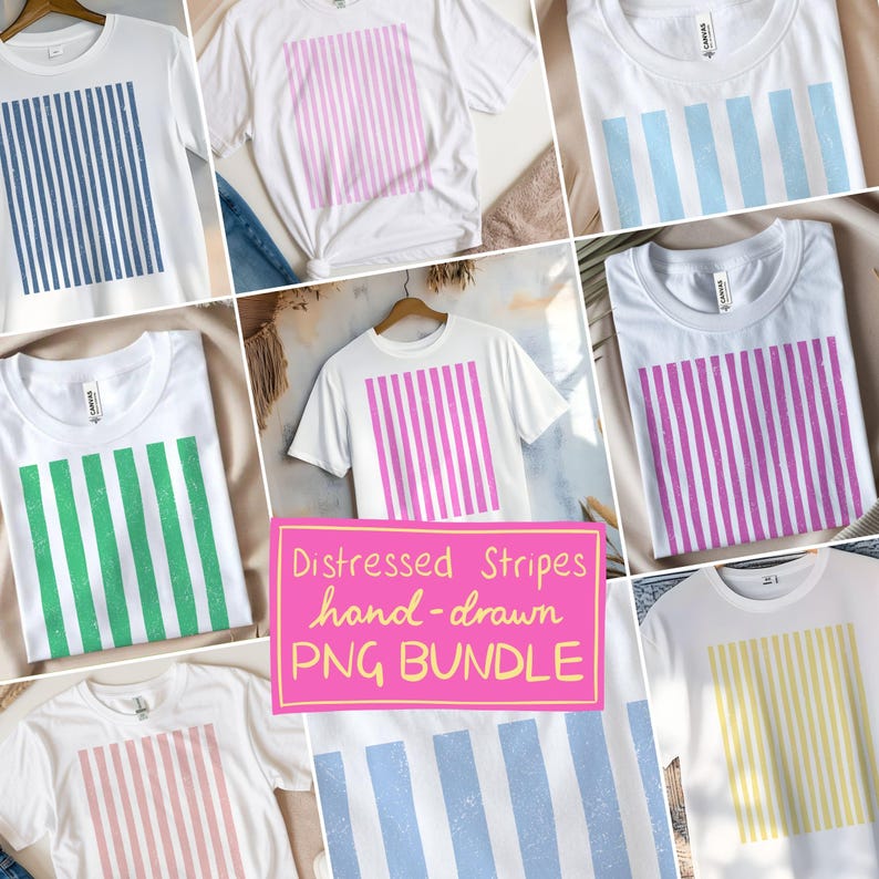 Puede incluir: Camisetas blancas con dise&ntilde;os de rayas verticales desgastadas en varios colores, incluyendo azul, rosa, verde y amarillo. La imagen tambi&eacute;n incluye un rect&aacute;ngulo rosa con el texto "Distressed Stripes hand-drawn PNG BUNDLE".