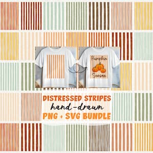 May include: A digital design bundle featuring distressed vertical stripes in various autumn colors, including orange, brown, and sage green. Two white t-shirts are displayed, one with a striped pattern and one with pumpkins and the text Pumpkin Season.