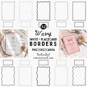 Puede incluir: Una colección de 32 bordes ondulados para invitaciones y tarjetas de mesa en formatos PNG, SVG y Canva. La imagen muestra varios diseños de marcos, incluyendo bordes rectangulares y festoneados, con ejemplos de uso.