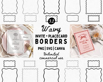 Handdrawn Wavy Border Invite and Placecard Bundle, Handdrawn Wedding Wavy Frame SVG, Wavy Name Place Card PNG, Squiggle Frames Canva Clipart
