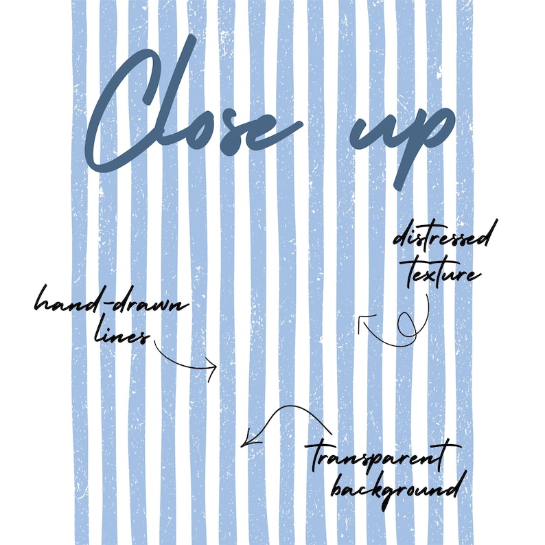 Puede incluir: Dise&ntilde;o digital con fondo de rayas azules y blancas. Las palabras "Close up" est&aacute;n escritas en cursiva. Texto adicional indica "hand-drawn lines", "distressed texture" y "transparent background".