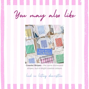 Puede incluir: Un collage de camisetas blancas con dise&ntilde;os de rayas verticales en varios colores, incluyendo amarillo, azul, rojo y verde. El texto "You may also like" est&aacute; en la parte superior, y "Coastal Stripes" en la inferior, con "hand-drawn PNG BUNDLE" en el centro.