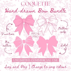 Handdrawn Coquette Bows PNG SVG, Ribbon SVG Bundle, Hand Drawn Whimsical Bow, Handdrawn Bow Png, Cricut Bow Clipart Cut File, Bow Silhouette