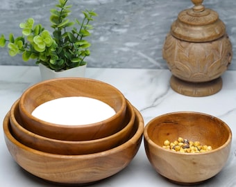 Wooden Bowls Set Non Toxic 4-Pcs Acacia Wood Serving Bowl Set for Salad, Pasta & Kitchenware, Eco-Friendly Gift for Her or Housewarming Gift
