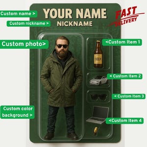 Startpakket aangepaste actiefiguur portret – digitale of fysieke gepersonaliseerde poster in speelgoeddoosstijl