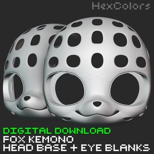 May include: Two light gray fox kemono head bases with large eye openings and circular ventilation holes. The text "DIGITAL DOWNLOAD FOX KEMONO HEAD BASE + EYE BLANKS" is displayed in green at the bottom of the image.