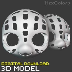 Puede incluir: Un modelo 3D de una cabeza de animal de estilo de dibujos animados blanca con un patrón de cuadrícula y ojos grandes. El modelo es una descarga digital.