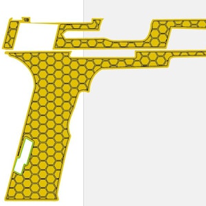Op de afbeelding: Een geel en zwart grafisch ontwerp van een handpistool, met een honingraatpatroon. Het ontwerp is een gedetailleerde omtrek, met de gele gebieden gevuld met de honingraattextuur en zwarte contouren. De afbeelding is een platte, vectorachtige illustratie.