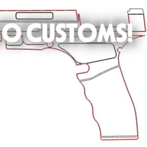 May include: A white and red outline of a handgun with the text "BIG O CUSTOMS!". The design features a detailed grip and slide, with a red outline highlighting the edges of the gun's components. The text is in a bold, sans-serif font.