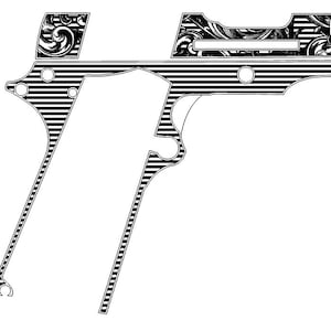May include: Black and white graphic of a handgun with ornate floral scrollwork and horizontal striped accents. The design features a detailed outline of the firearm's components, including the grip, slide, and frame.