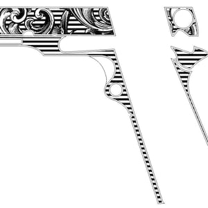 May include: Black and white decorative gun skin set. The design features a combination of ornate floral patterns and striped accents. The set includes various pieces to cover different parts of the gun.