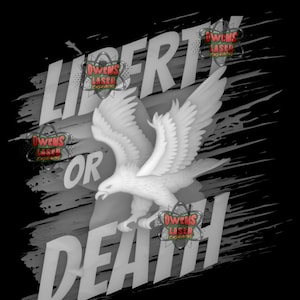 Puede incluir: Un diseño gráfico sobre fondo negro que presenta un águila blanca con las alas extendidas, situada sobre un efecto de pincelada gris. El texto "LIBERTY OR DEATH" aparece en letras mayúsculas grandes, negritas y de color gris claro detrás del águila.