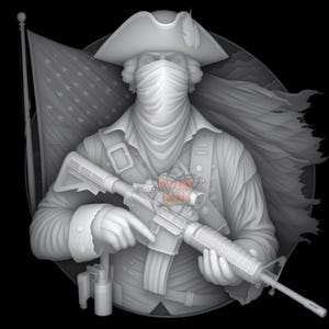 Puede incluir: Una ilustración en relieve en escala de grises de una figura histórica con sombrero de tres picos y mascarilla, sosteniendo un rifle moderno. Detrás de la figura hay una bandera estadounidense ondeando. El texto "OWENS LASER DESIGNS" es visible en el centro.