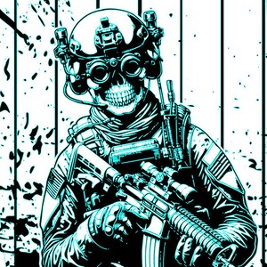 May include: Black and teal illustration of a soldier with a skull face wearing a helmet with night vision goggles. The soldier is holding a rifle with a scope. The background has vertical lines and splatter effects.
