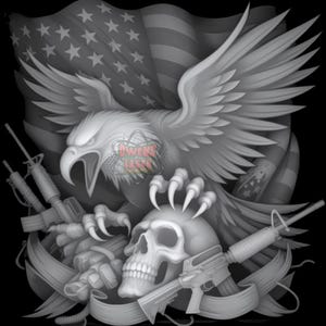 Puede incluir: Una ilustración gráfica en escala de grises que muestra un águila calva con las alas extendidas frente a una bandera estadounidense. Debajo del águila, un cráneo humano está flanqueado por dos rifles, con una cinta de banner rodeando la base.