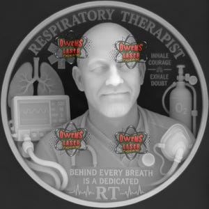 May include: A circular grey plaque featuring a relief of a respiratory therapist, lungs, an oxygen tank, and a medical monitor. Text includes RESPIRATORY THERAPIST, INHALE COURAGE EXHALE DOUBT, and BEHIND EVERY BREATH IS A DEDICATED RT with a heartbeat line.
