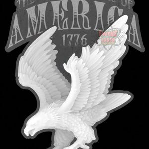 May include: A graphic design on a black background featuring a white bald eagle in flight. Above the eagle, the text reads THE UNITED STATES OF AMERICA in a grey font, with the number 1776 centred below the text and above the eagle's wings.