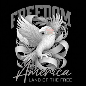 Op de afbeelding: Een grafisch ontwerp op een zwarte achtergrond met een witte adelaar met gespreide vleugels omringd door vloeiende linten. De tekst luidt FREEDOM bovenaan, America in cursief schrift en LAND OF THE FREE onderaan. Een klein watermerk is zichtbaar.