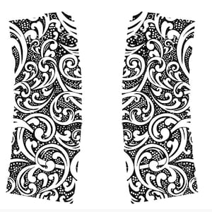 May include: Two black and white patterned fabric panels. The design features a repeating pattern of swirling, ornate scrollwork and dots against a black background. The edges of the panels are slightly curved.