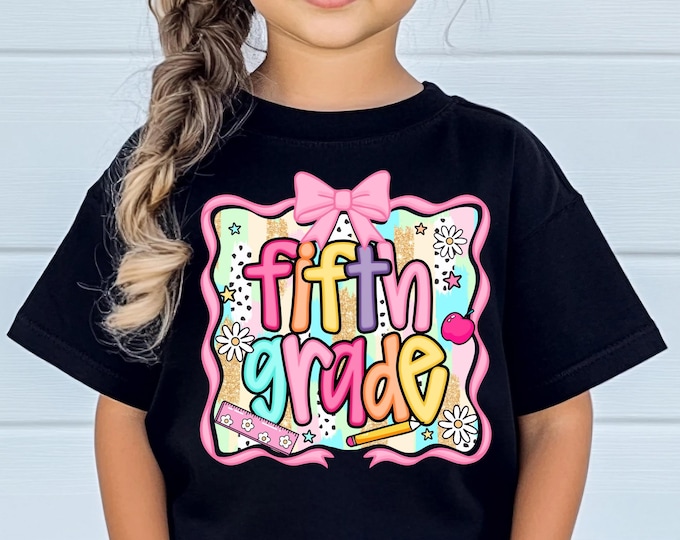 Featured listing image: Preppy Back to School Shirt, Fifth Grade TShirt, 5th Grader Tee, First Day of School T-Shirt, Coquette Girly Pink Bow, Matching Girls Shirts