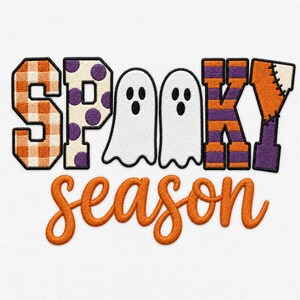 Diseño de bordado a máquina de fantasmas para la temporada de Halloween, tipografía de Halloween a cuadros con lunares y patchwork, archivo digital para sudadera retro.