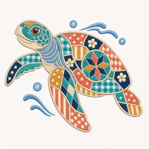 Patchwork Sea Turtle Machine Embroidery Design, Gingham Daisy Quilt Digital File, Vintage Coastal Summer Pattern, Colorful Ocean Animal Art